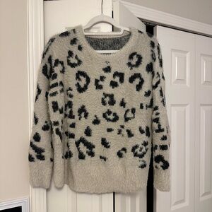 Leopard Print Fuzzy Sweater - Cream and Black
